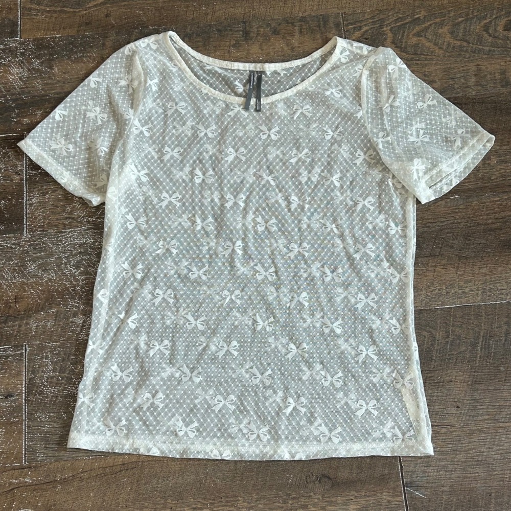 Anthropologie White Sheer Mesh Bow Polka Dot Lace Short Sleeve Top Large